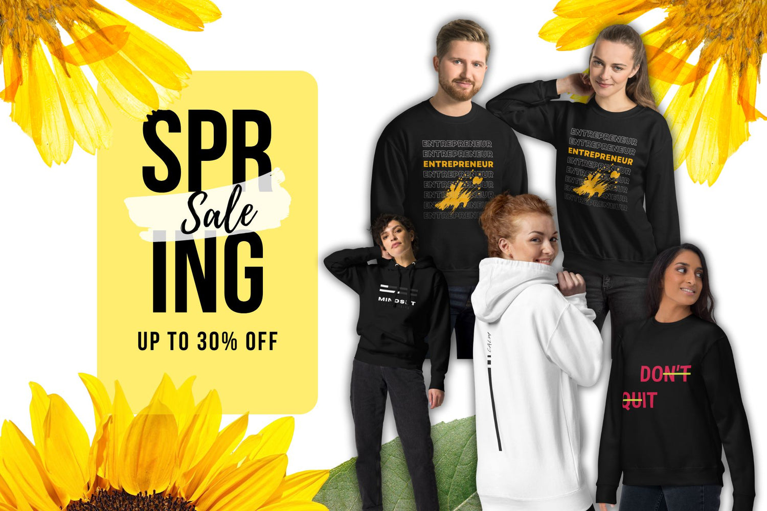 banner with spring sale info alogn with some sunflowers and models posing. up to 30% OFF