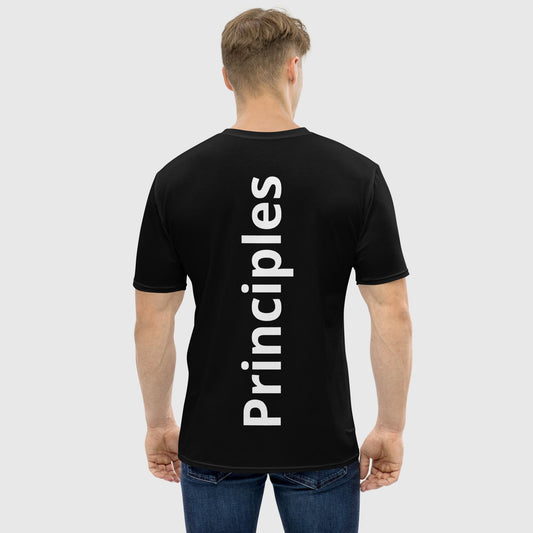 Man with a back pose wearing a black t shirt that has a 'Principles'written on that back