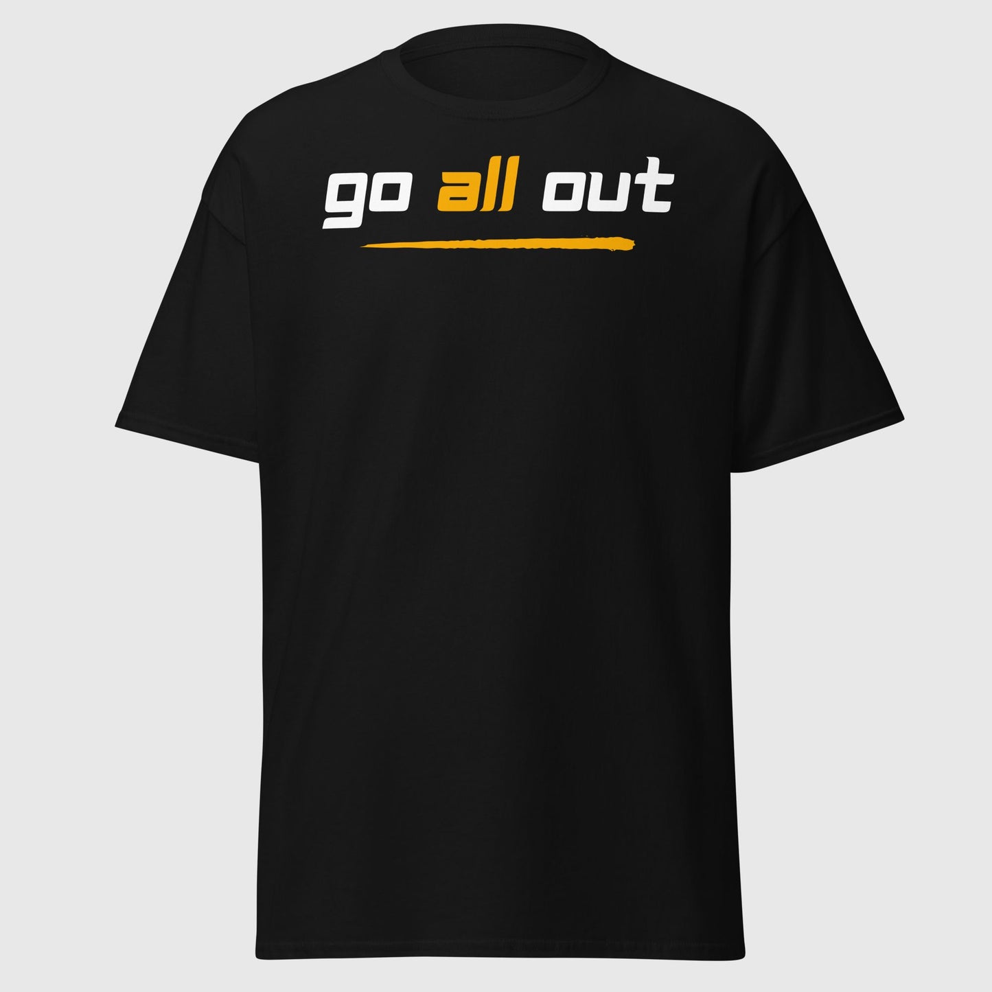 mockup image of a black t shirt with 'go all out' printed on it