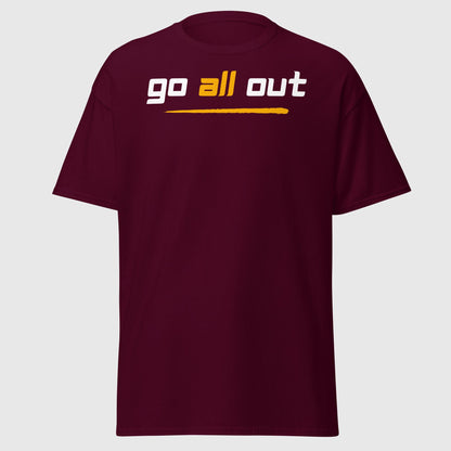 mockup image of a marooon t shirt with 'go all out' printed on it