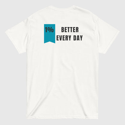 flat lay image of a back of a t shirt that says, '1% better everyday'