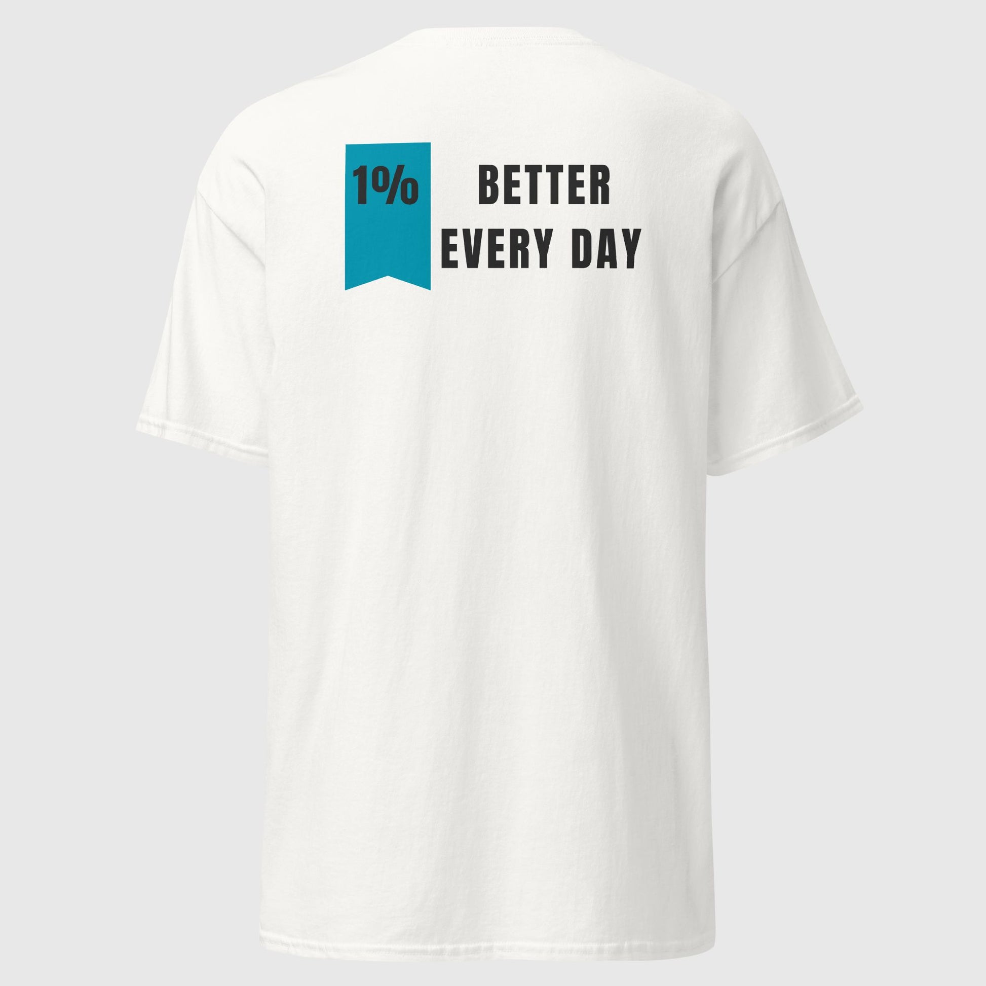 backshot mockup of a white t shirt that says, '1% better everyday'