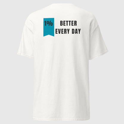 backshot mockup of a white t shirt that says, '1% better everyday'