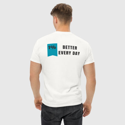 Backshot of a man wearing a graphic printed shirt that says, '1% better everyday'