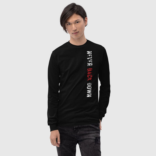 Man black wearing long sleeve shirt with 'Never back down' graphic design  on right side