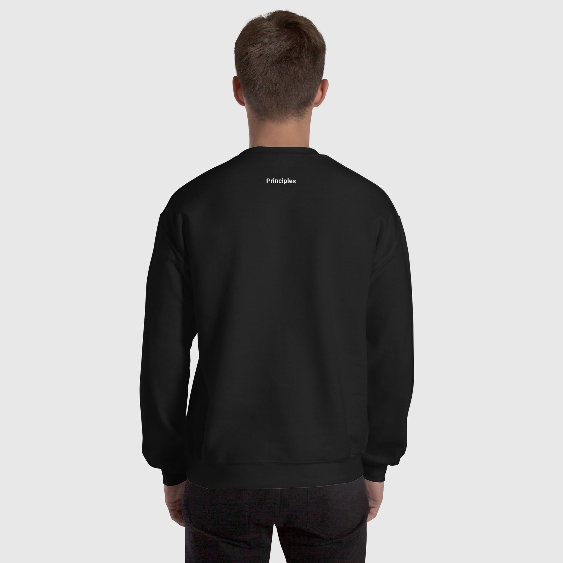 back image of a black sweatshirt with a small  graphic print