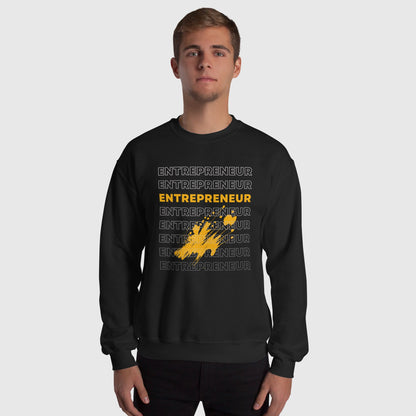 guy wearing a black sweatshirt with 'entrepreneur' graphic print