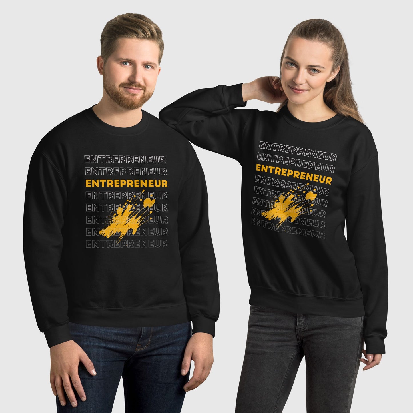 guy and girl posing together wearing  'entrepreneur 'graphic printed black sweatshirt