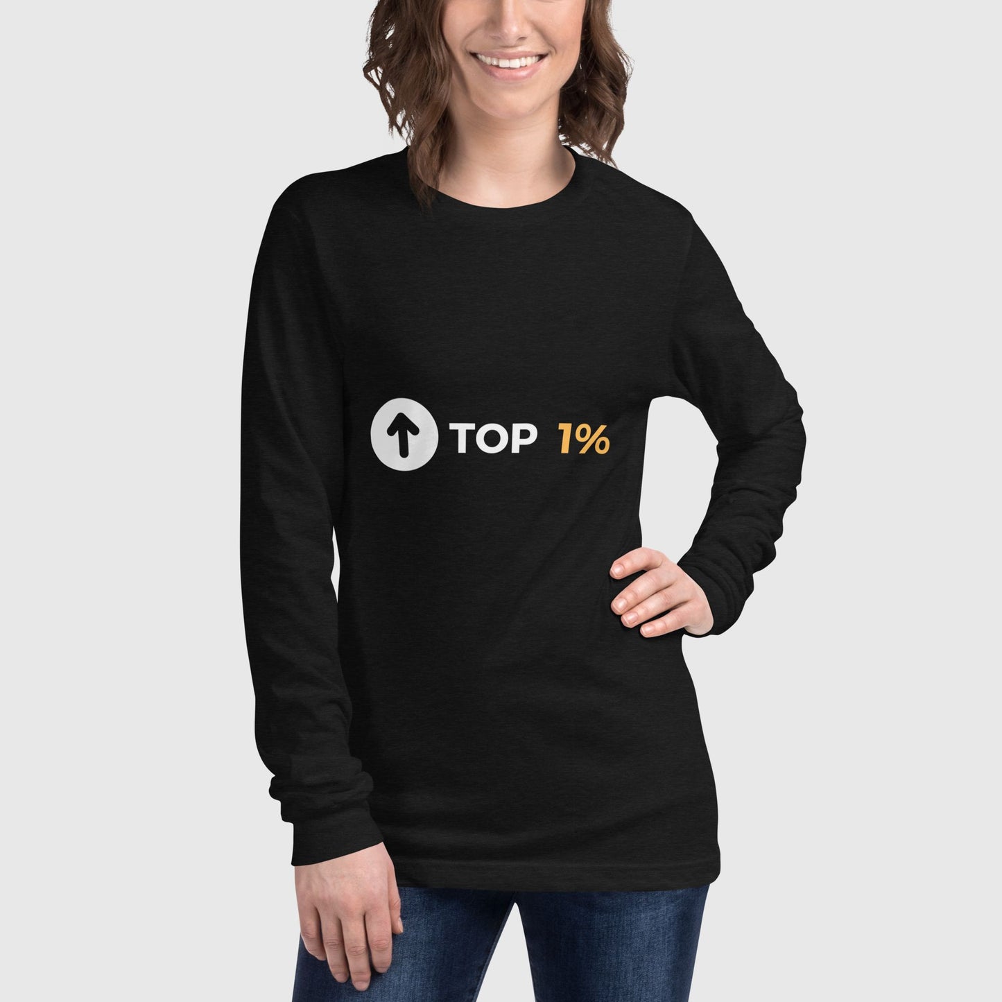 Women wearing 'top 1%' graphic printed  on black long sleeve shirt