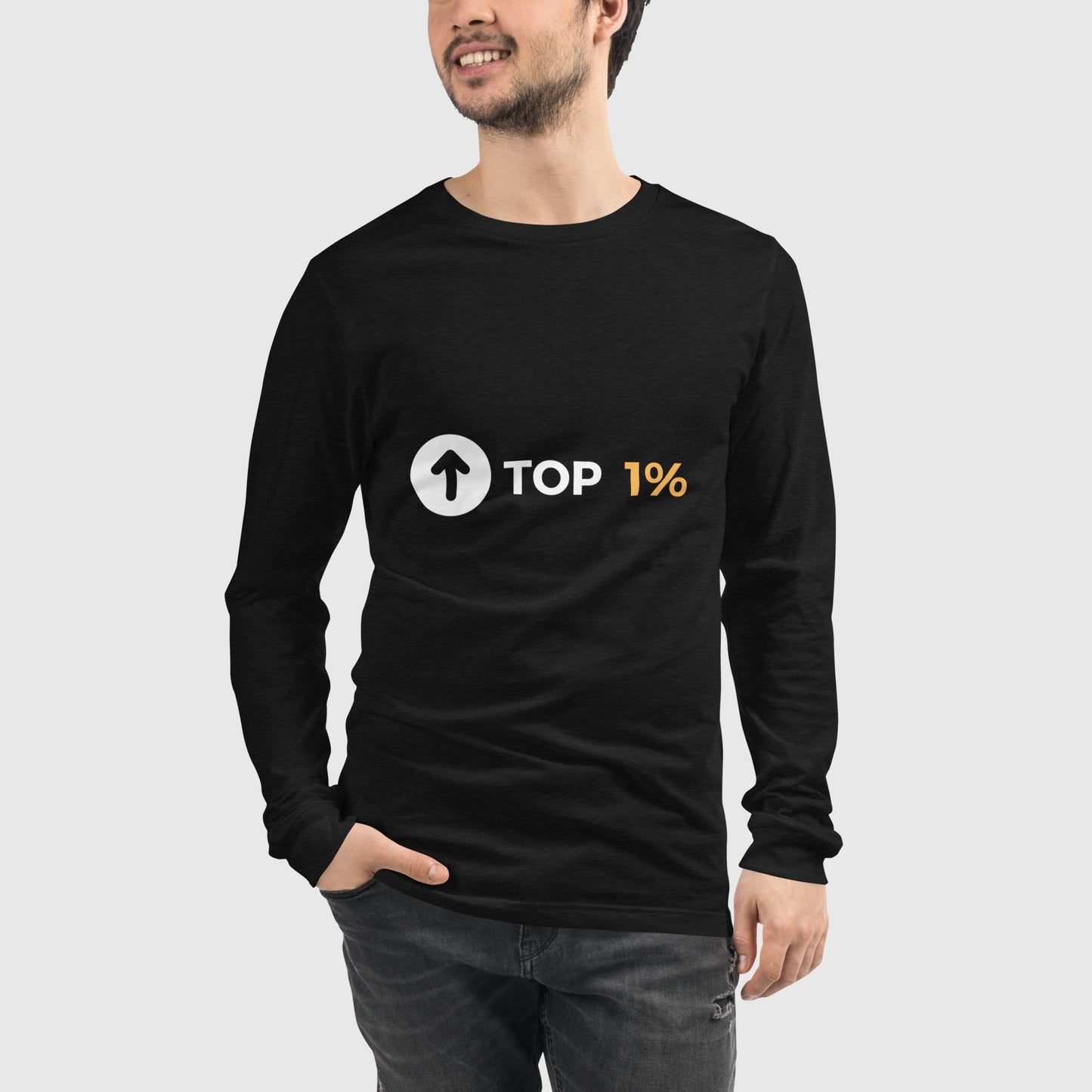 Man wearing 'top 1%' graphic printed on black long sleeve shirt