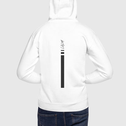 Man posing wearing a white hoodie that has a graphic print on back