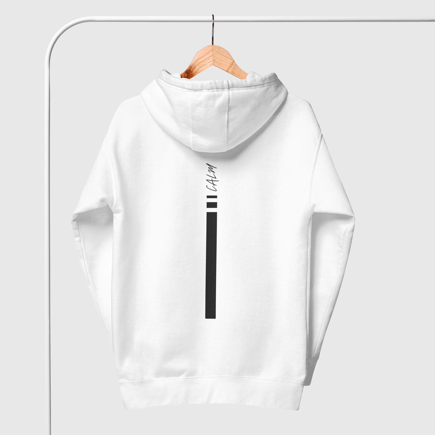 White hoodie with print at back hanging on a hanger on a stand