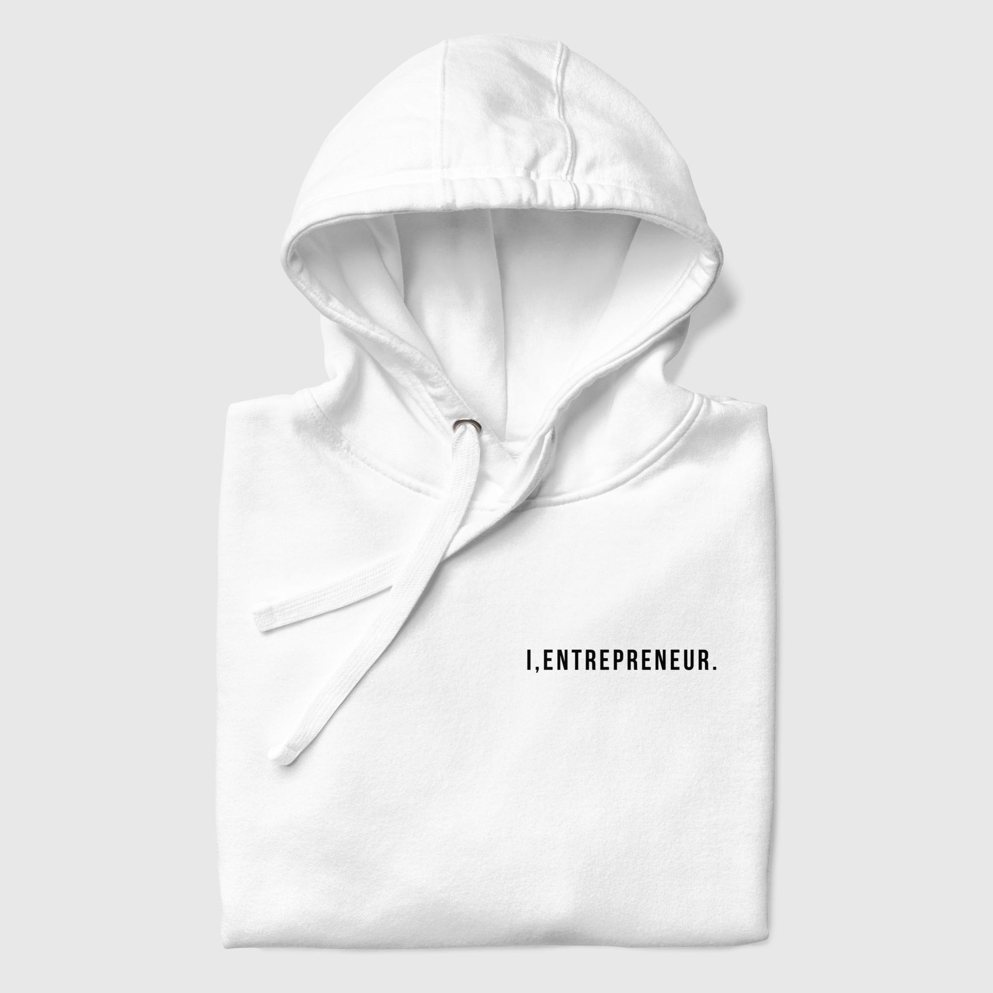 folded white hoodie with quote printed on chest