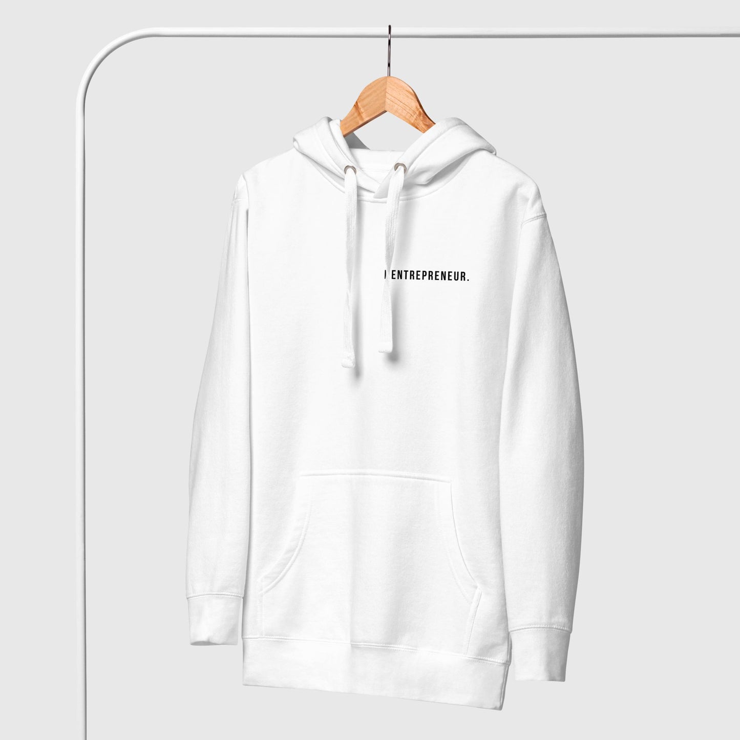 white hoodie with grpahic print "I, entrepreneur' on a hanger on a stand.