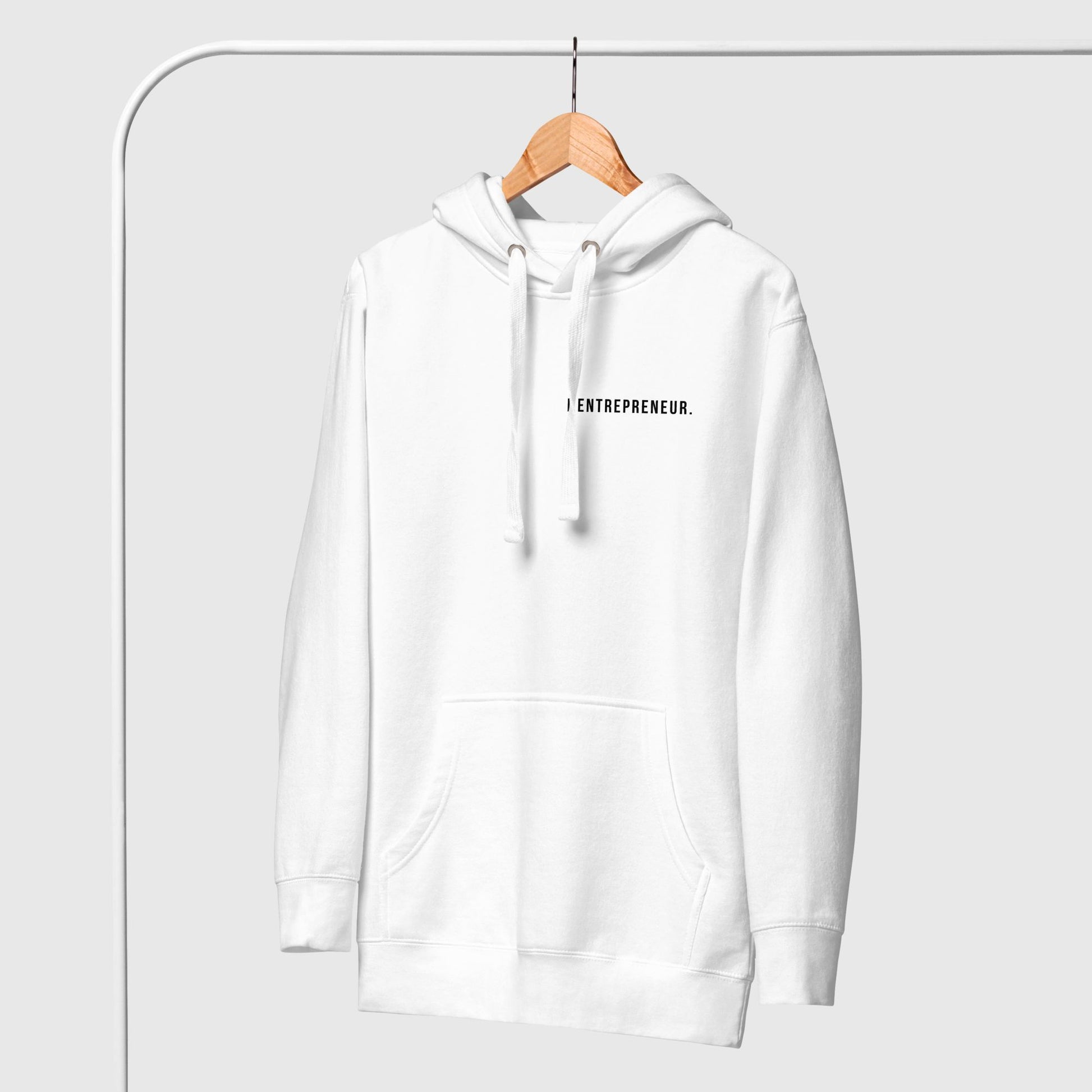 white hoodie with grpahic print "I, entrepreneur' on a hanger on a stand.