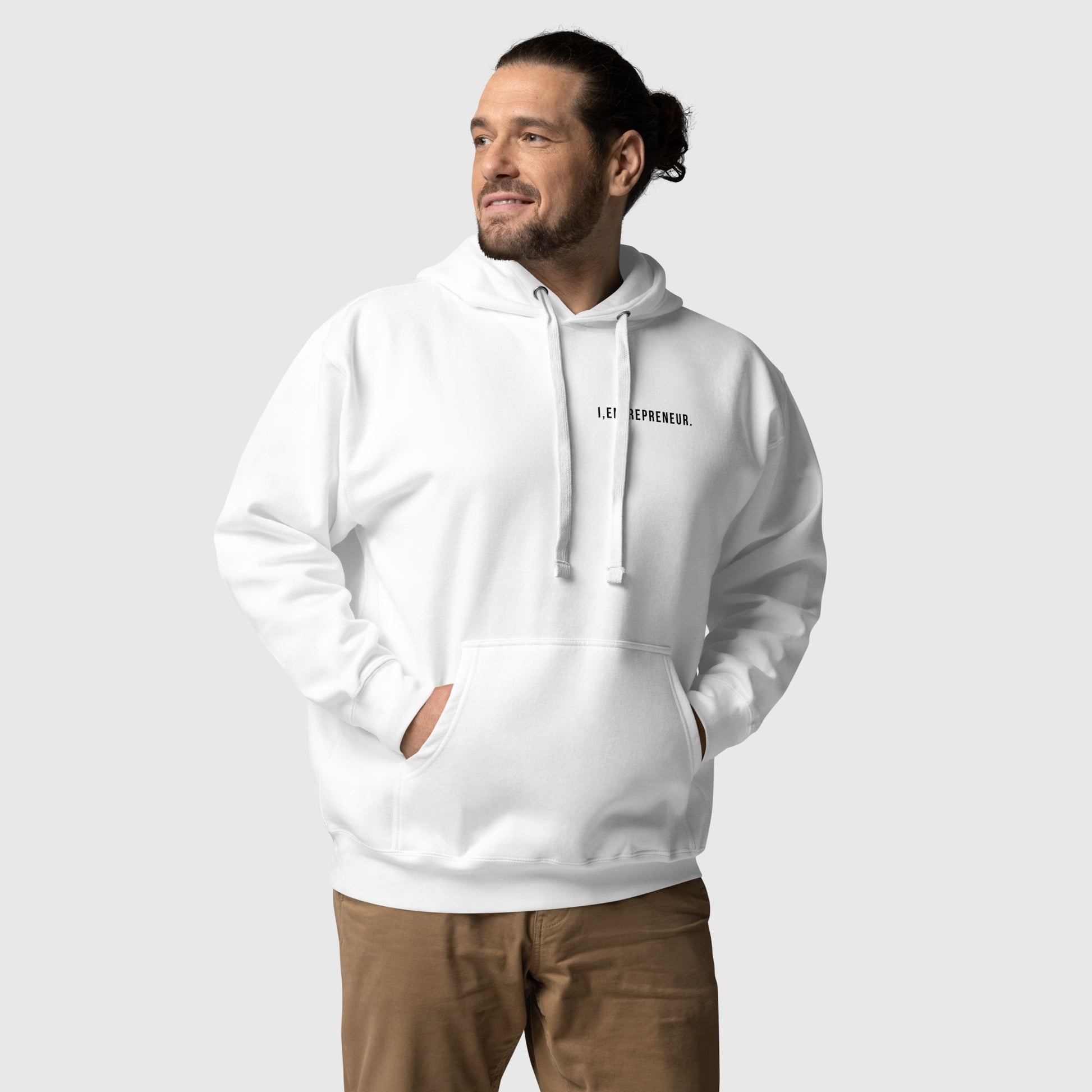 guy wearing a white hoodie with a graphic design