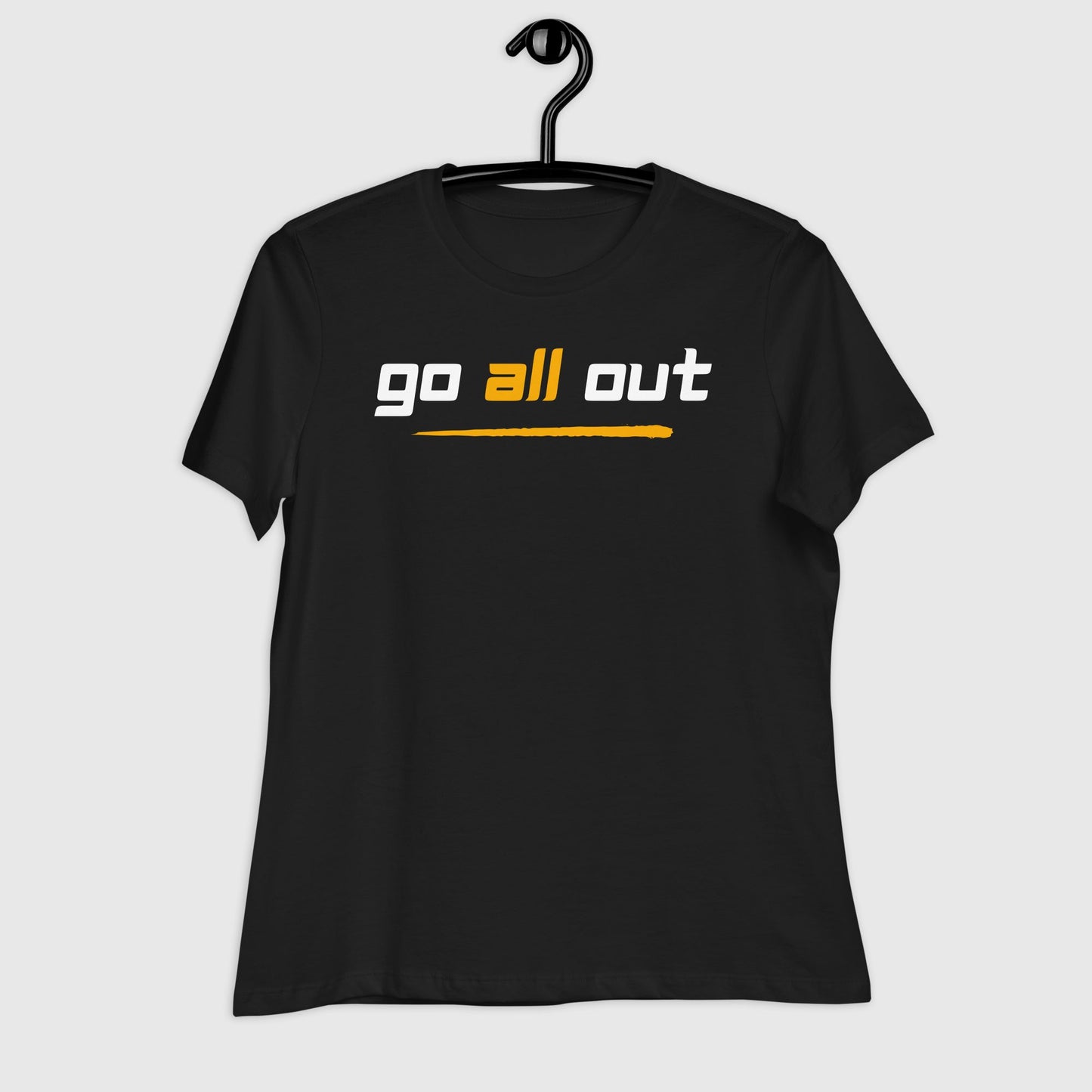 black t shirt on a hanger with 'go all out' printed on it