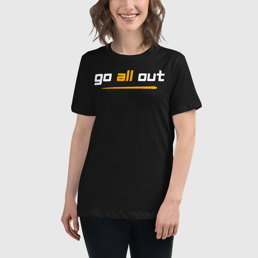 women wearing a black t shirt that has 'go all out' printed