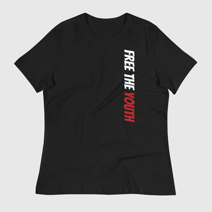 flat lay image of a black  t shirt with a graphic print that says, 'free the youth' 