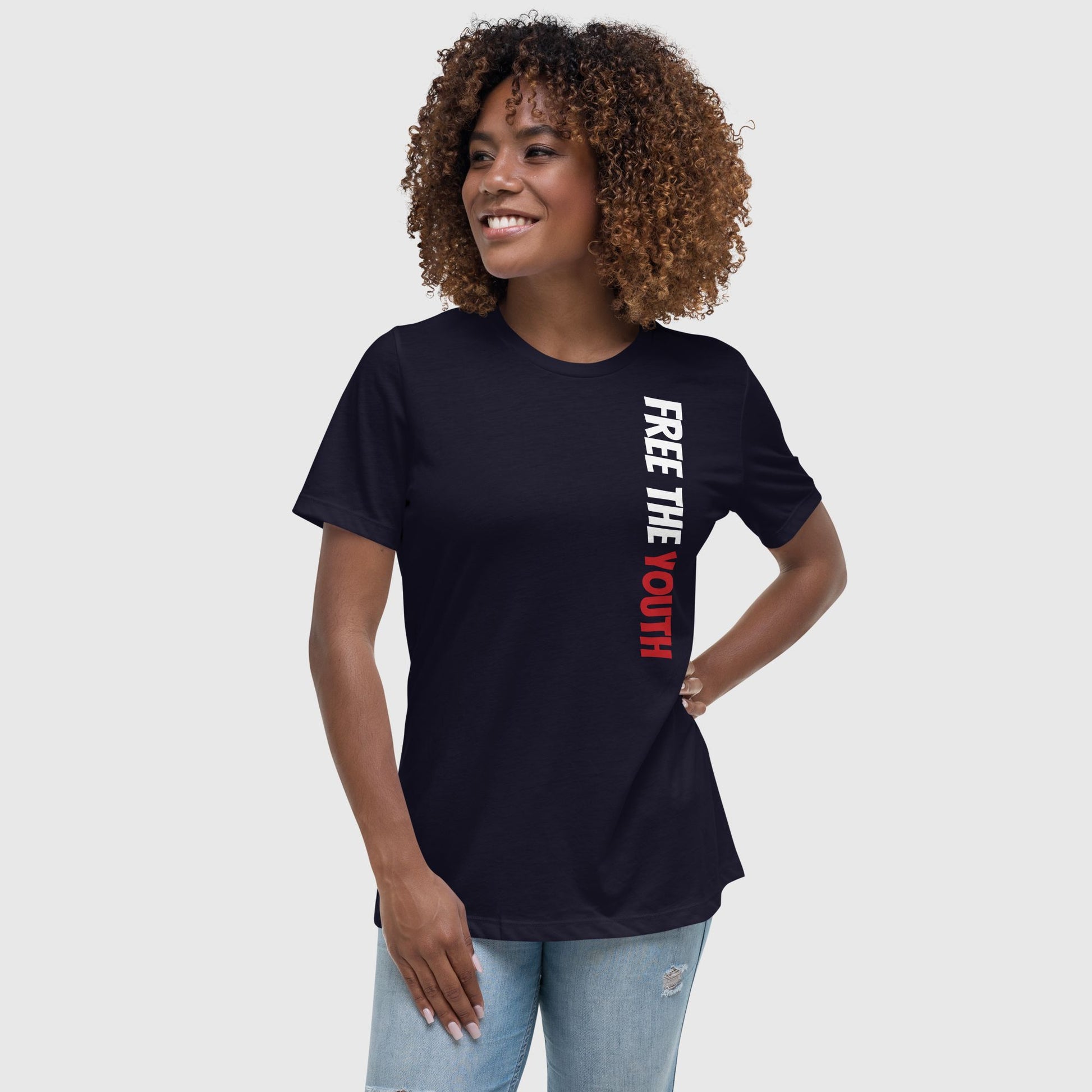 women wearing a navy blue t shirt  and posing